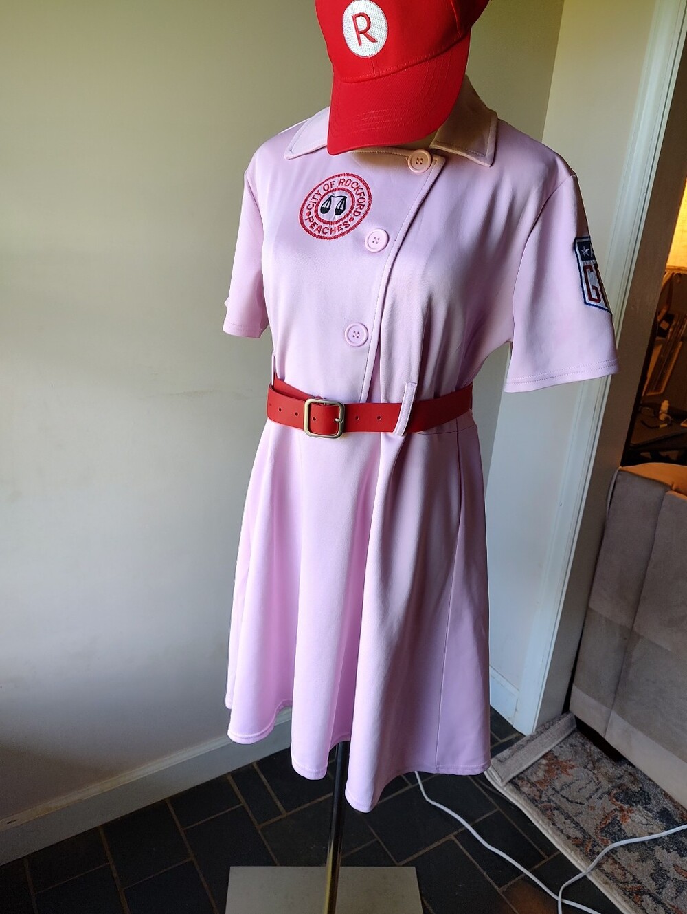 A League Of Their Own Pink Short Sleeve Baseball Costume Rockford Peaches Large